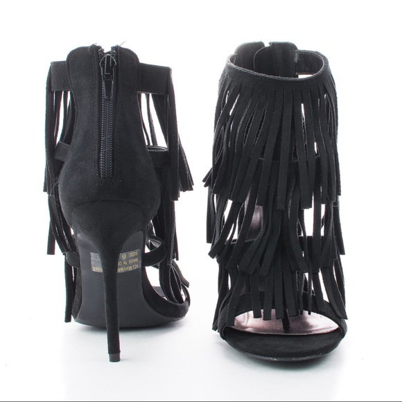 Wild Diva Fringe Heels - Black - Picture 1 of 7